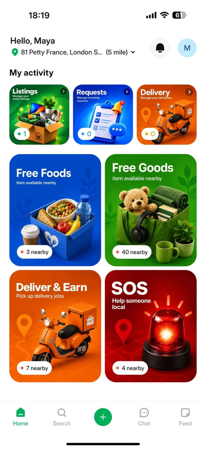 The Freeshop app's home screen: free food, free goods, deliver & earn, and SOS